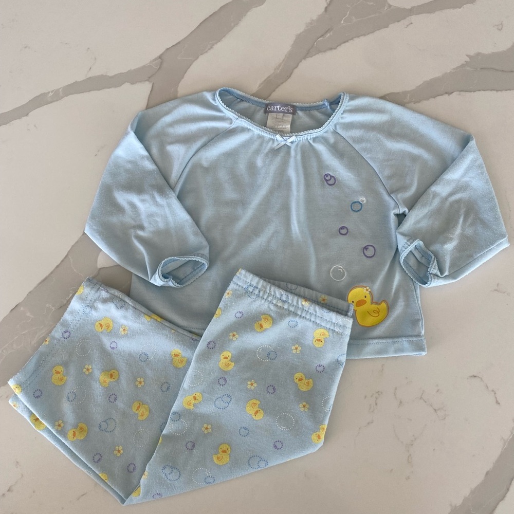 Vintage Carter's 24M Blue Duck Print Polyester Long Sleeve 2 Piece Pajama Set